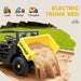 Toy dump truck with yellow bed pouring sand, set against a grassy background with icons and text indicating functions.