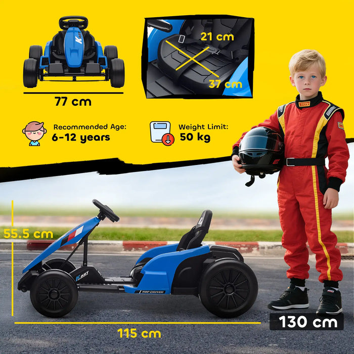 Blue toy go-kart with measurements and a child in racing gear on a yellow background