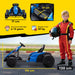 Blue toy go-kart with measurements and a child in racing gear on a yellow background