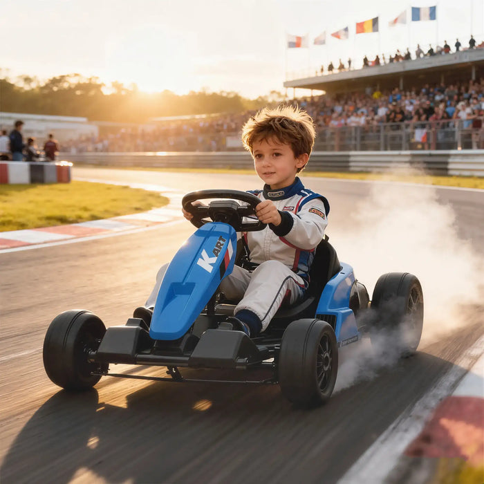 Child driving a blue go-kart on a race track with spectators in the background.