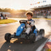 Child driving a blue go-kart on a race track with spectators in the background.