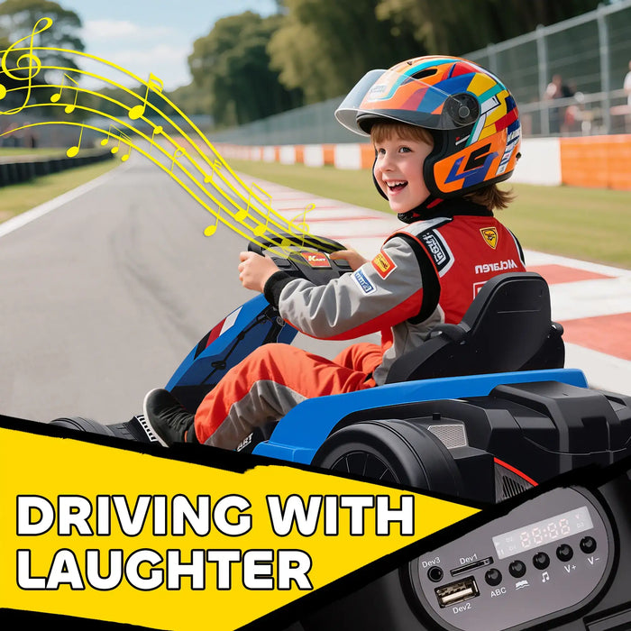 Child in a go-kart with colorful helmet and racing suit, on a track with text 'Driving with Laughter'.