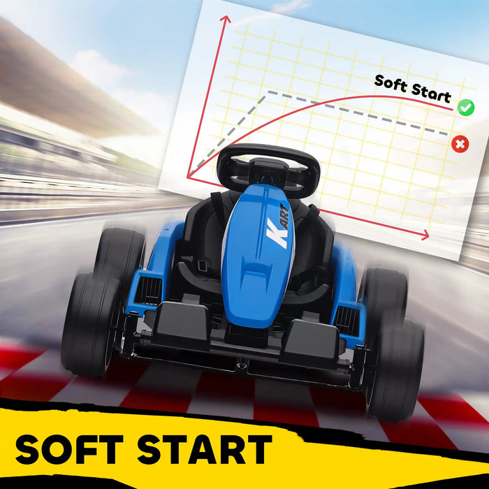 Blue toy car on a racetrack with a graph labeled 'Soft Start' in the background.