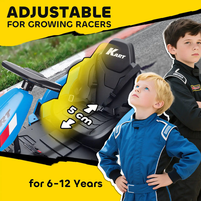 Children's go-kart seat with adjustable feature and racing gear, suitable for 6-12 years old.