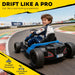 Child driving a toy go-kart on a race track with promotional text about the product.