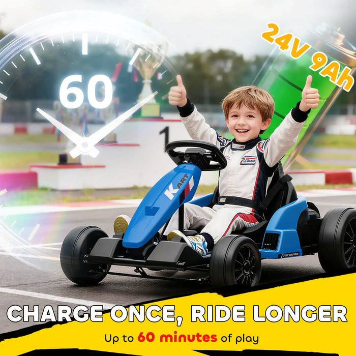 Child in a go-kart with racing elements and text about battery life on a track background