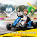 Child in a go-kart with racing elements and text about battery life on a track background
