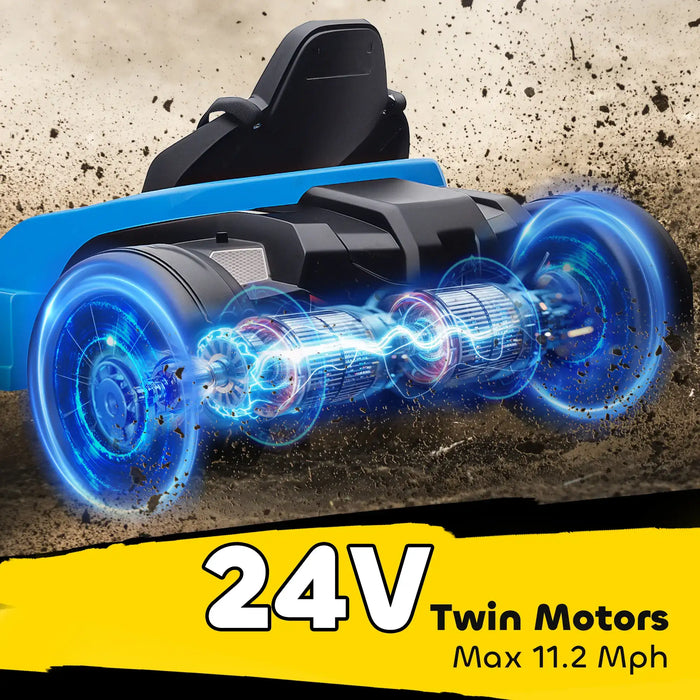Toy vehicle with glowing blue wheels and text indicating 24V, twin motors, and maximum speed on a textured background.