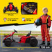 Red toy go-kart with measurements and a child in racing gear on a yellow background