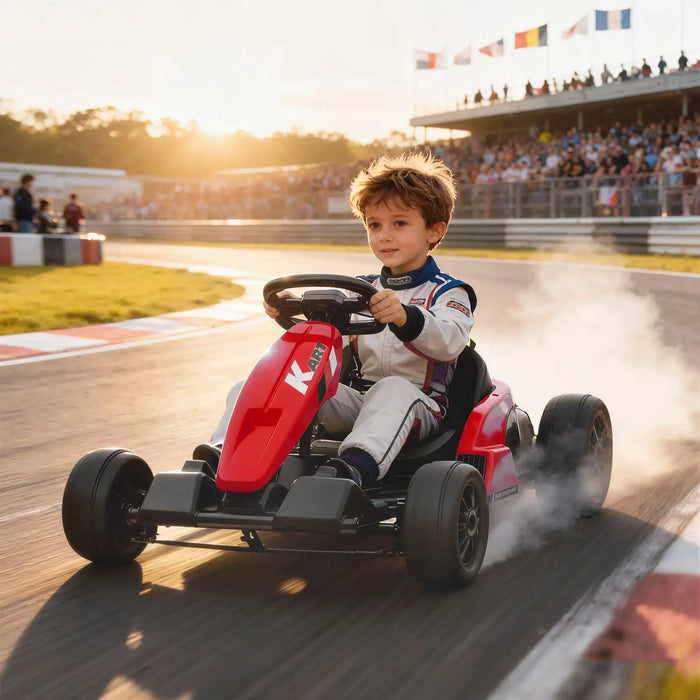 Child driving a red go-kart on a track with spectators in the background