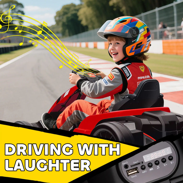 Child in a go-kart with colorful helmet on a race track, surrounded by music notes.