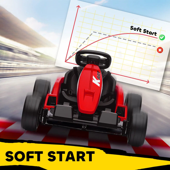 Red toy car on a racetrack with a graph labeled 'Soft Start' in the background.