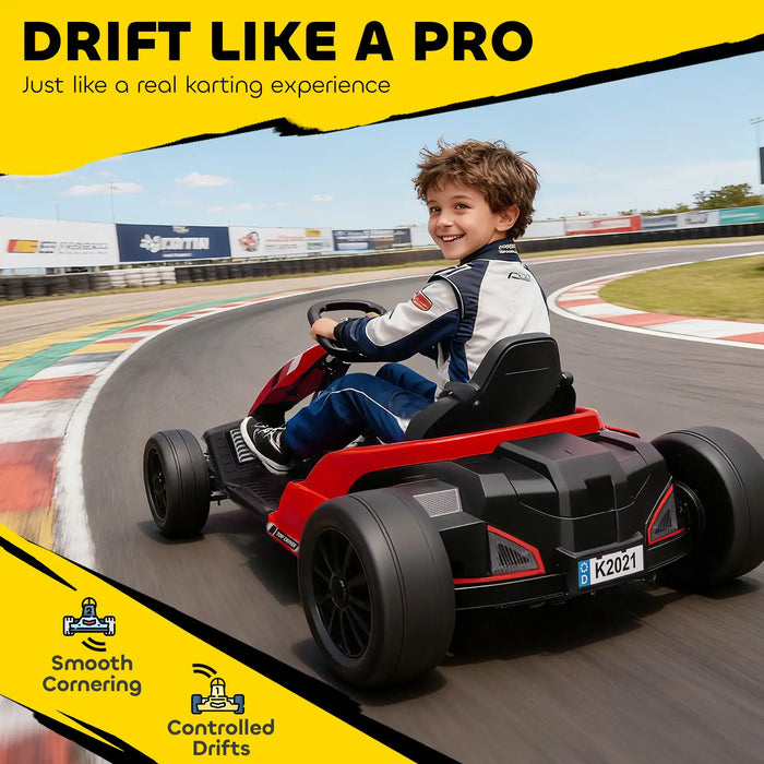 Child driving a toy go-kart on a race track with promotional text about drift experience.