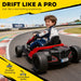 Child driving a toy go-kart on a race track with promotional text about drift experience.