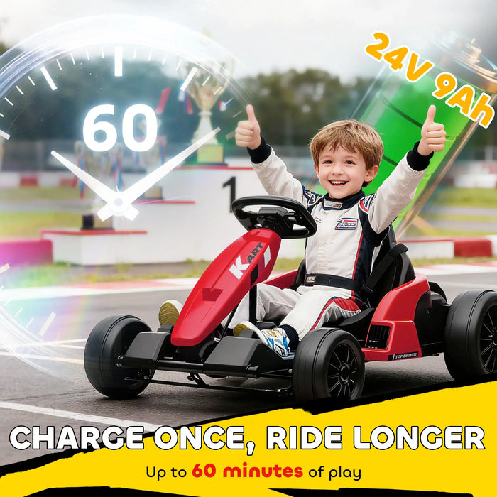 Child in a red go-kart on a race track with text about battery life and features.