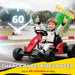 Child in a red go-kart on a race track with text about battery life and features.