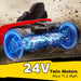 Toy hoverboard with glowing wheels on a textured surface, featuring 24V twin motors and maximum speed of 11.2 mph.