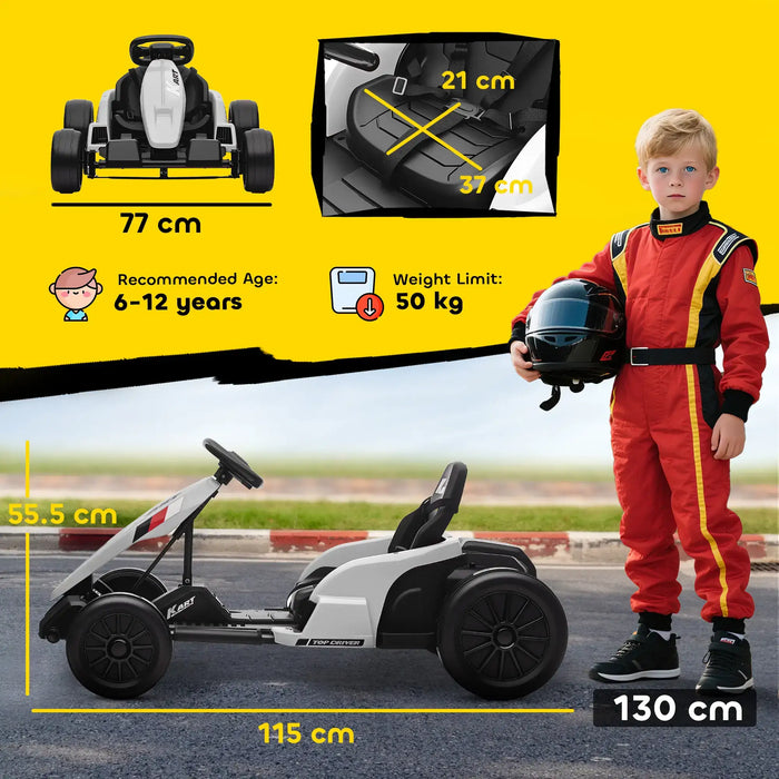 Child in racing suit holding a helmet next to a toy go-kart with measurements on a yellow background