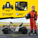 Child in racing suit holding a helmet next to a toy go-kart with measurements on a yellow background