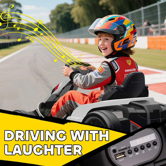 Child in a go-kart with colorful helmet on a track, surrounded by music notes.