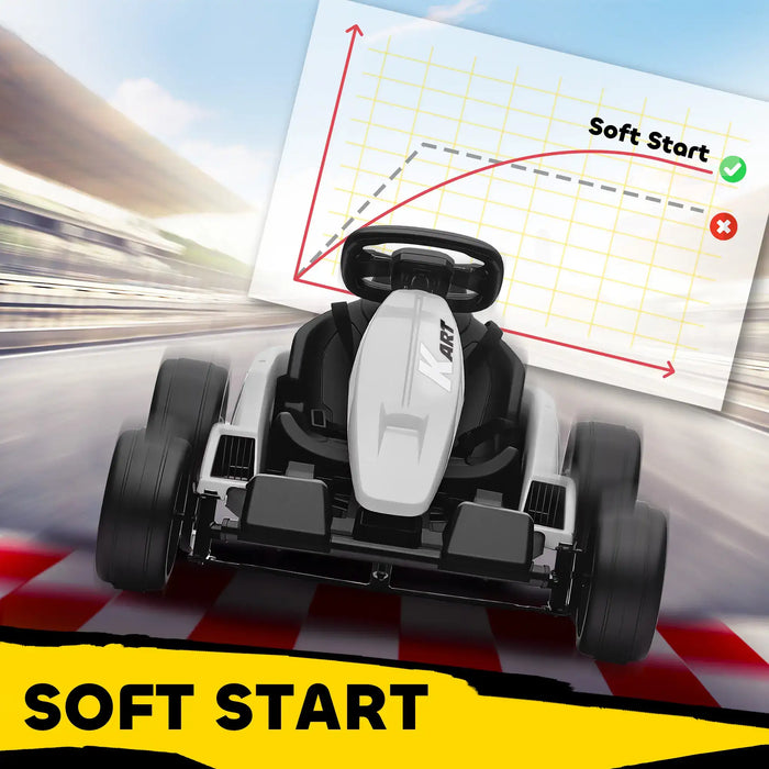 Model of a go-kart with a 'Soft Start' graphic in the background