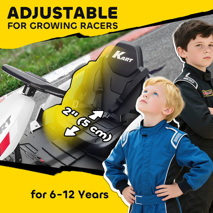 Children's racing seat with adjustable feature and two children in racing suits on a racetrack background.