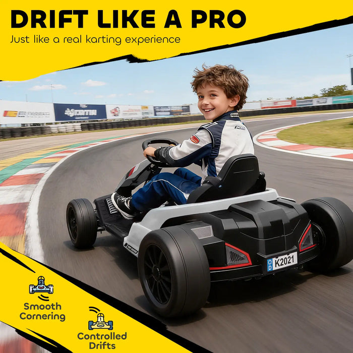 Child driving a toy go-kart on a race track with promotional text about driving experience.