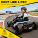 Child driving a toy go-kart on a race track with promotional text about driving experience.
