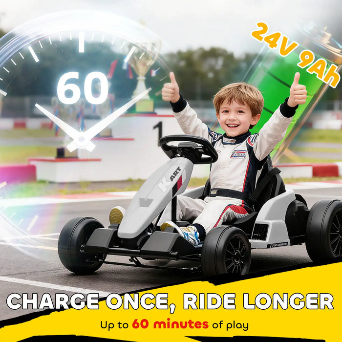 Child in a go-kart with racing gear, surrounded by racing elements and text about battery life.