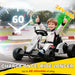Child in a go-kart with racing gear, surrounded by racing elements and text about battery life.