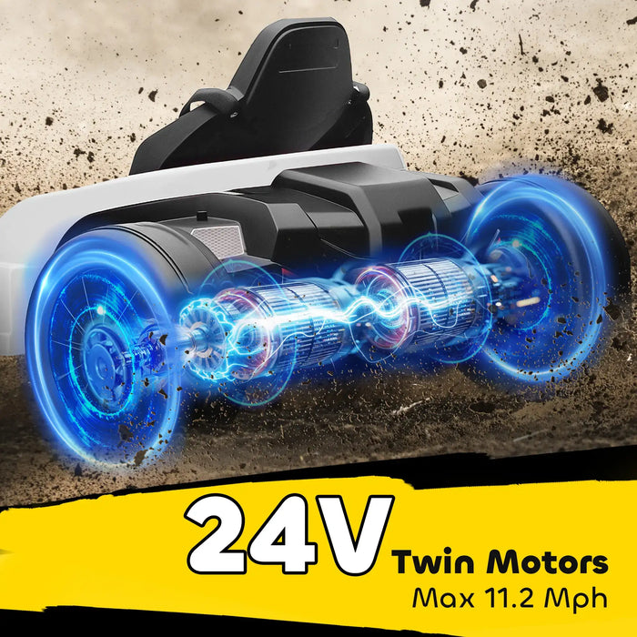 Hoverboard with twin motors and glowing blue wheels on a textured surface.