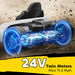 Hoverboard with twin motors and glowing blue wheels on a textured surface.