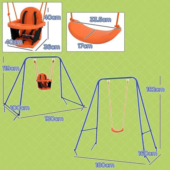Dual seat kids swing set with baby and child seats, orange and blue frame, size dimensions shown