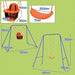 Dual seat kids swing set with baby and child seats, orange and blue frame, size dimensions shown
