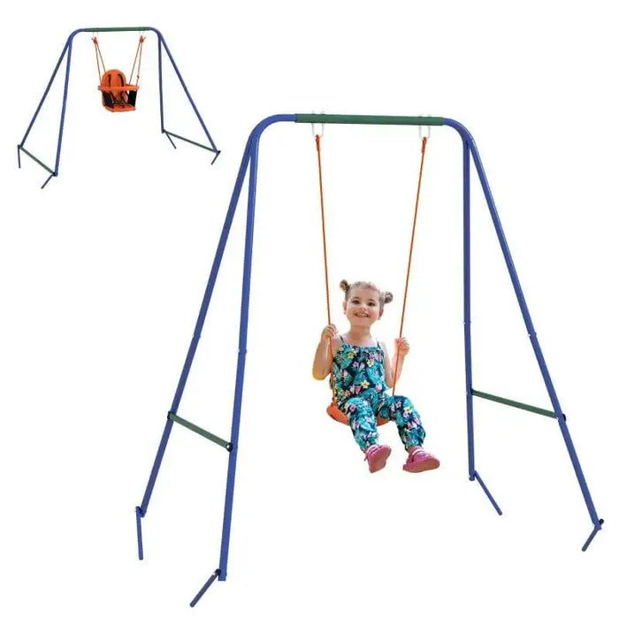 Dual seat kids swing set with child and baby seats on metal A-frame