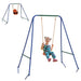 Dual seat kids swing set with child and baby seats on metal A-frame