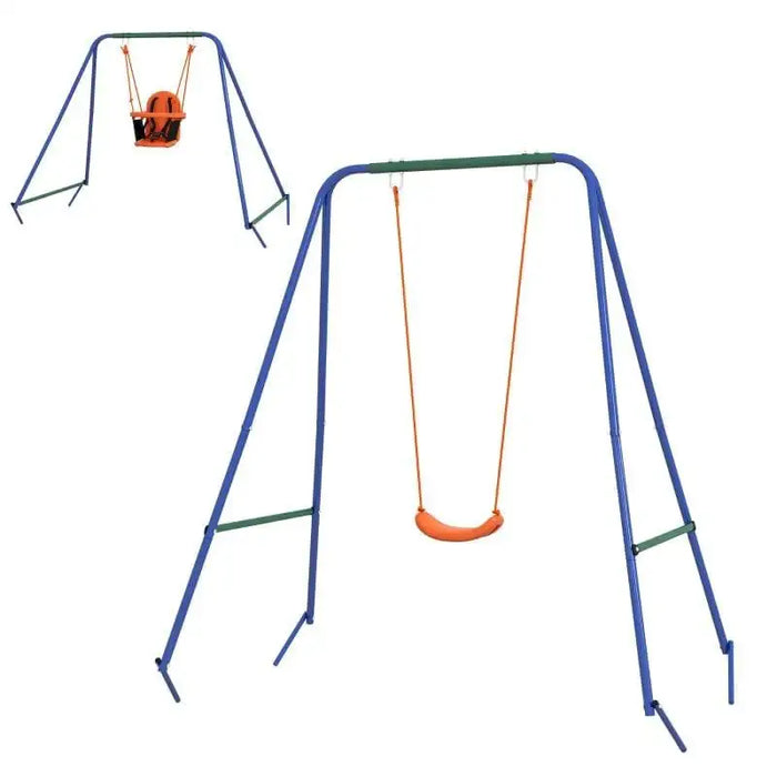 Dual seat kids swing set with blue metal frame, orange baby and child seats.