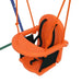 Orange baby swing seat with safety harness and tray, hanging on sturdy ropes
