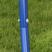 Close-up of blue metal swing frame leg with bolt on green grass