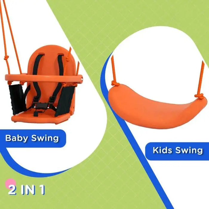 Dual seat kids swing set with orange baby and child swing seats on green background