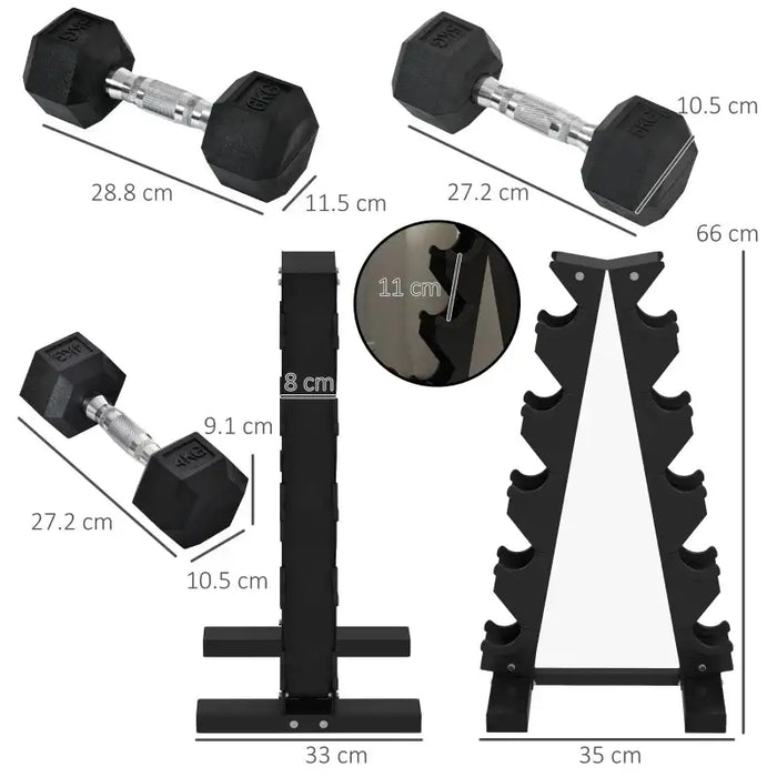 Dumbbell Rack with 6 Rubber Dumbbells | 4kg, 5kg and 6kg Weights SPORTNOW - Little and Giant Explorers SPORTNOW
