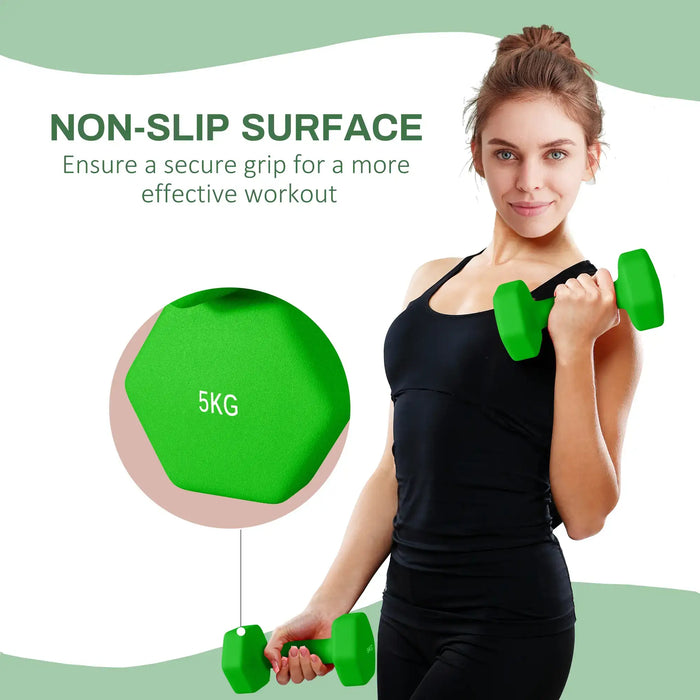 Dumbbell Set – 2 x 5kg Hex Hand Weights- Green | Non-Slip Grip SPORTNOW - Little and Giant Explorers SPORTNOW