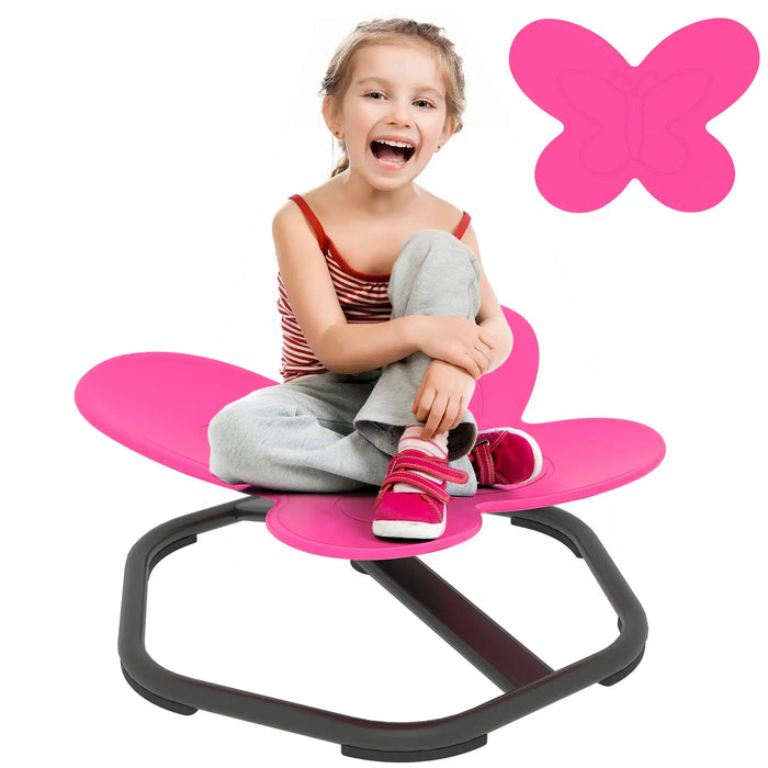 Child sitting on a pink butterfly-shaped chair with a pink butterfly graphic above.