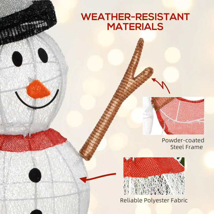 White mesh snowman decoration with black hat and scarf, showing weather-resistant steel frame and polyester fabric