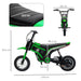 A sleek green and black HOMCOM Electric Dirt Bike with Twist Grip Throttle, Music, Horn and 12" Pneumatic Tyres 24V in Green is shown from side and top views with measurements highlighted. The side view details dimensions of 76.5 cm in height, 119 cm in length, 50 cm in wheelbase, and 48.5 cm in width. The seat measures 16.5 cm wide on this impressive mini electric dirt bike.