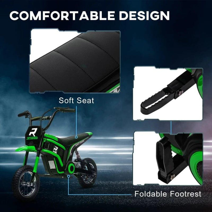 A promo image of the HOMCOM Electric Dirt Bike with Twist Grip Throttle, Music, Horn and 12" Pneumatic Tyres 24V in Green highlights three features: a soft seat, a foldable footrest, and a side profile of the bike. The bike has green and black details. The text "Comfortable Design" is displayed at the top.