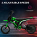 A green and black HOMCOM Electric Dirt Bike with Twist Grip Throttle, Music, Horn and 12" Pneumatic Tyres 24V in Green is displayed against a dark background with digital graphic elements. Text at the top reads, "2 adjustable speeds" and "8-16 km/h" with an icon of a speedometer. This sturdy 24V motorbike features a robust frame and thick tires, perfect for young adventurers.