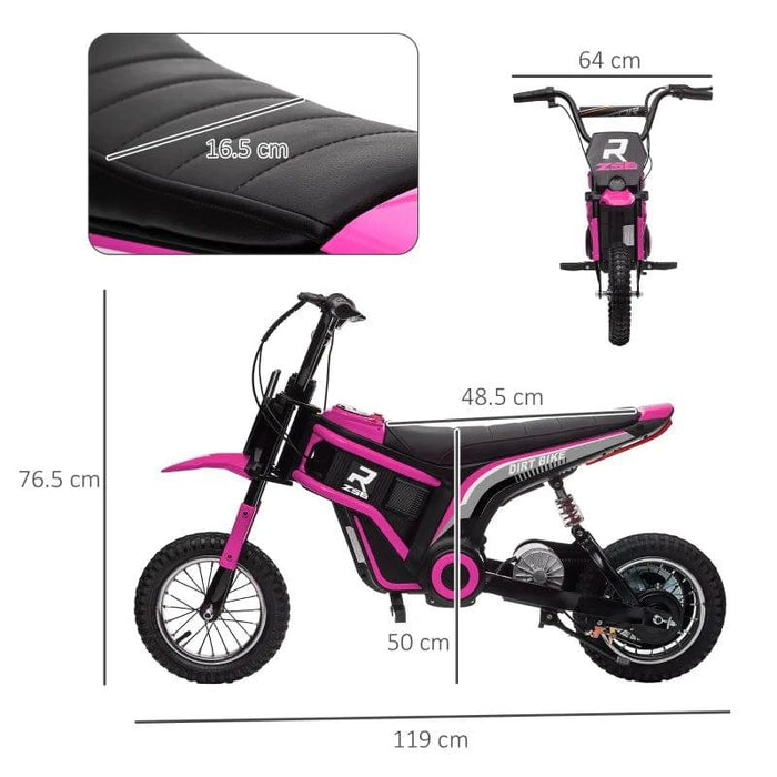 Image of a black and pink HOMCOM Electric Dirt Bike with Twist Grip Throttle, Music, Horn and 12" Pneumatic Tyres 24V in Pink with measurements specified. Perfect as a kids motorbike, its length is 119 cm, height is 76.5 cm, and handlebar width 64 cm. The seat length is 16.5 cm, handlebar to rear wheel base is 50 cm, and front wheel to handlebar measures 48.5 cm.