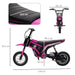 Image of a black and pink HOMCOM Electric Dirt Bike with Twist Grip Throttle, Music, Horn and 12" Pneumatic Tyres 24V in Pink with measurements specified. Perfect as a kids motorbike, its length is 119 cm, height is 76.5 cm, and handlebar width 64 cm. The seat length is 16.5 cm, handlebar to rear wheel base is 50 cm, and front wheel to handlebar measures 48.5 cm.