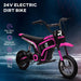 Image of a pink and black 24V electric dirt bike, perfect for outdoor adventure. It boasts a 30-minute runtime, a thickened metal frame, and supports kids aged 8-12 up to 65kg. The "Electric Dirt Bike with Twist Grip Throttle, Music, Horn and 12" Pneumatic Tyres 24V in Pink" by HOMCOM is clearly labeled "Dirt Bike" on the frame.